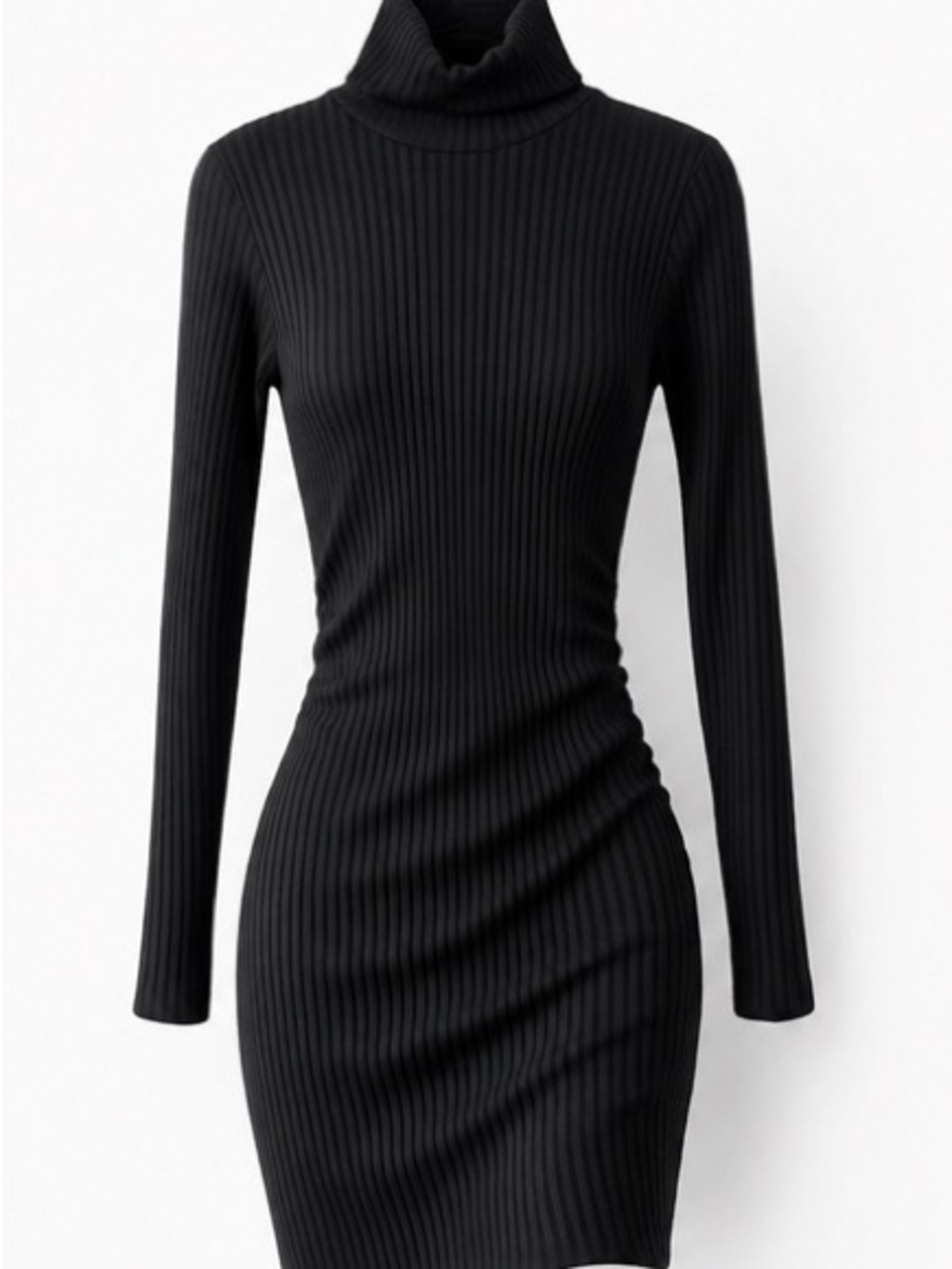 Slim Ribbed Turtleneck Long Sleeve Dress - Black